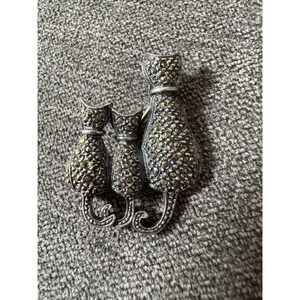 Vintage Cat Trio Brooch Marcasite 925 Sterling Silver Three Cats‎ in a Row Pin